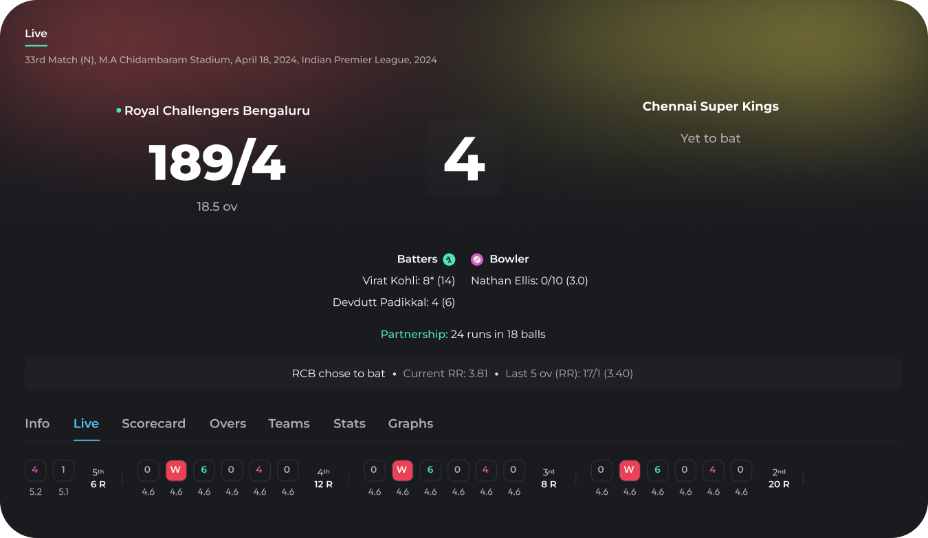 Live match card showing scheduled match details