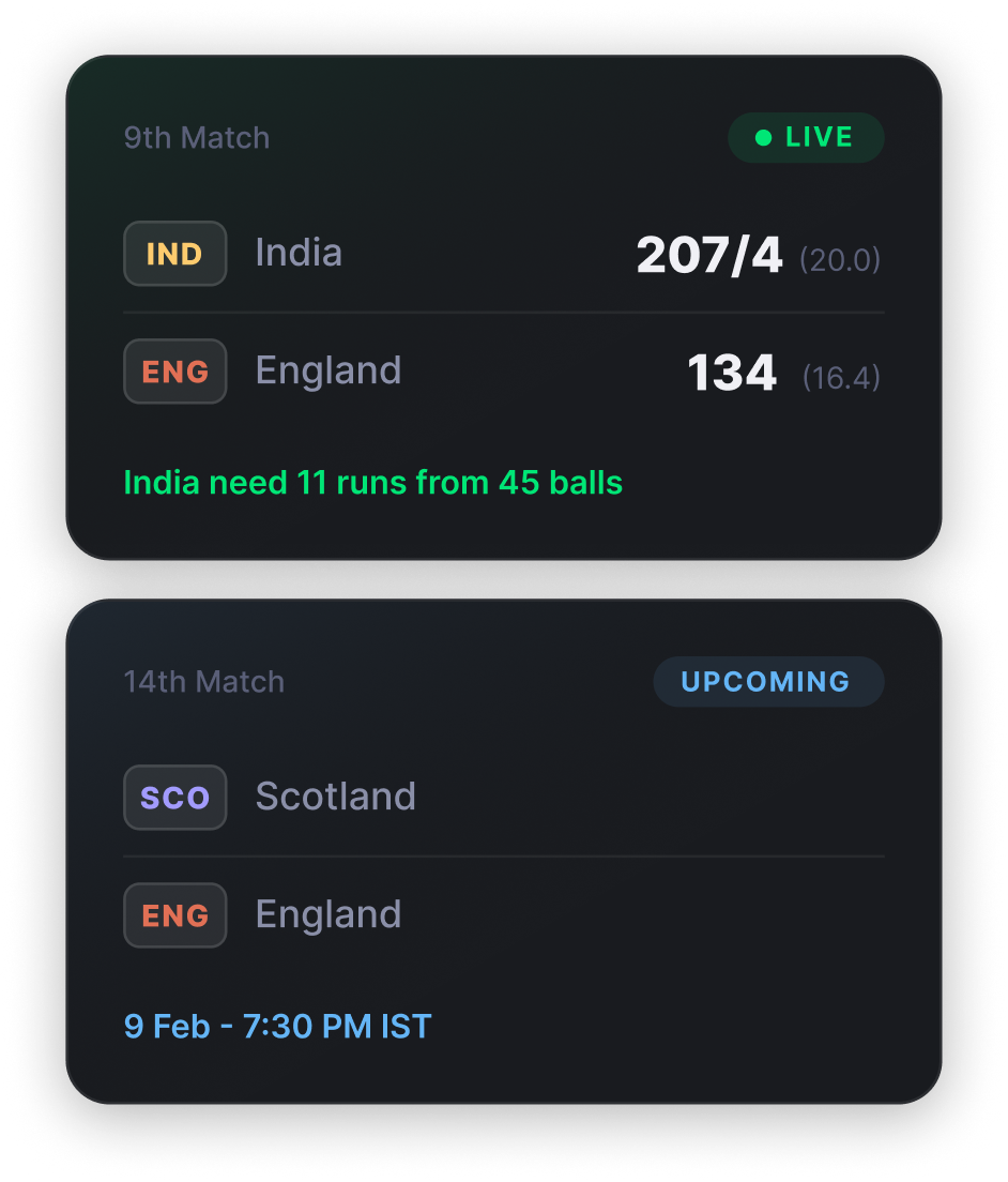 Upcoming match fixtures display
